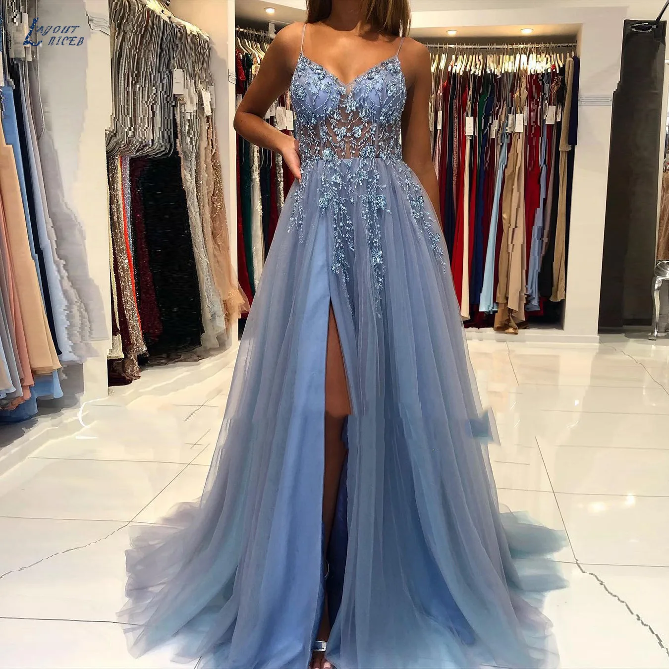 ball gown prom dresses LAYOUT NICEB Spark BeadS Prom Dresses A-Line Long V-Neck Sleeveless Open Back Side Split Women Formal Evening Party Gowns Tulle sage green prom dress Prom Dresses