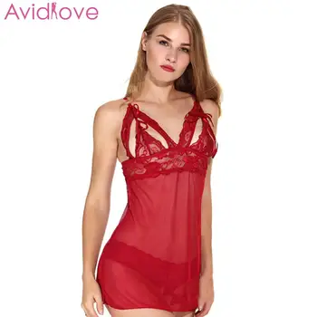 

Women Sexy Babydoll Lingerie Set With Thong Female Lace Patchwork See-Through Mesh Temptation Dress Female Erotic Nightdress