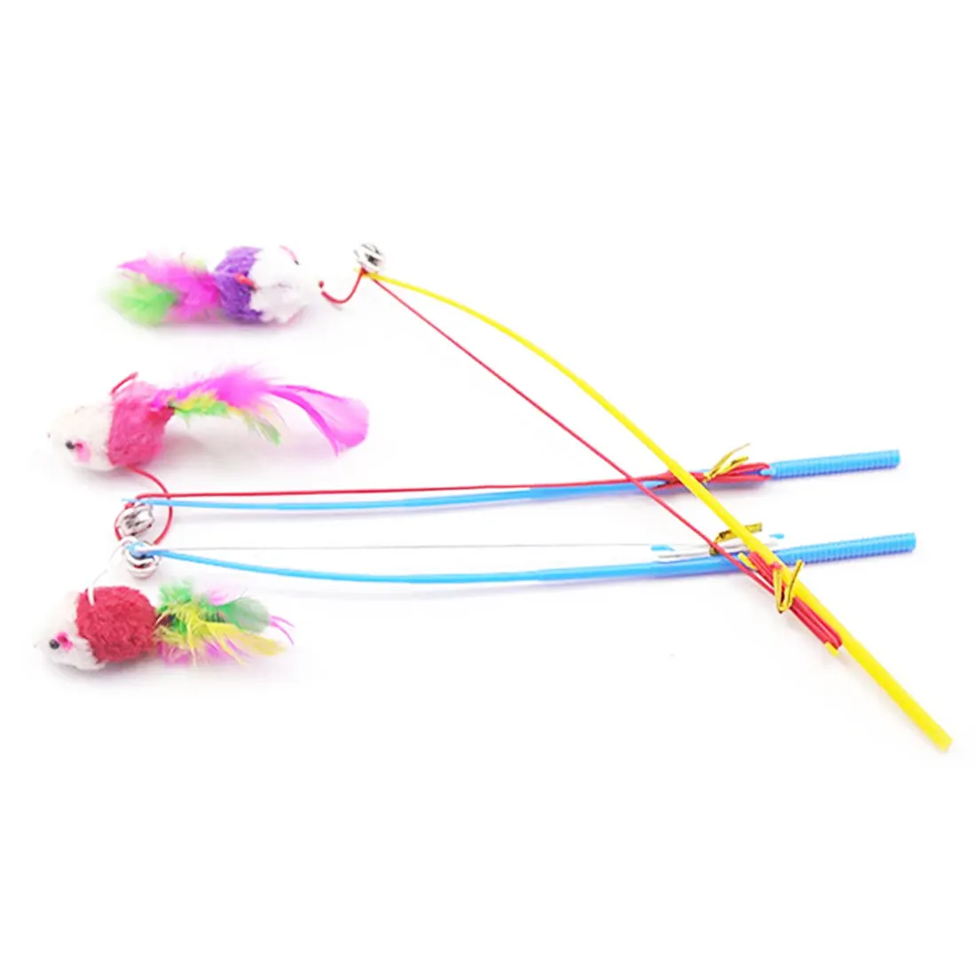

Funny Cat Toy Stick Interactive False Colorful Feather Plush Mouse Kitten Mini Mice Playing Toys Random Multicolor with Bell 1PC
