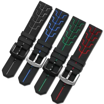 

PEIYI 22mm Waterproof silicone watchbands black with red blue white line wristband Replacement belt for Heuer watch accessories