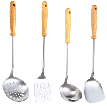

Wooden Handle Wok Spatula Stainless Steel Spatula Cooking Utensils Set Spoon Long Handle Large Turner Fried Steak Shovel