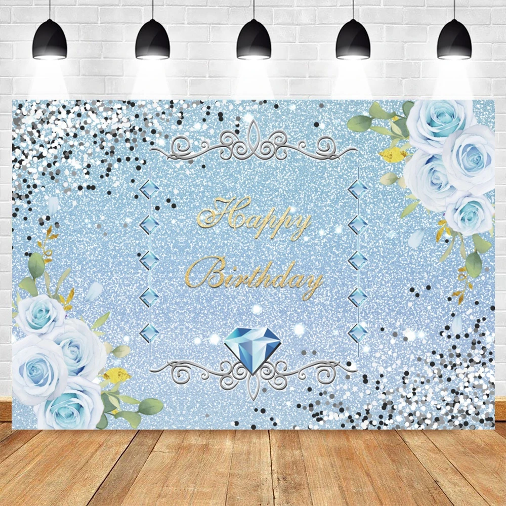 

Blue Rose Happy Birthday Party Baby Aldult Photography Background Flower Silver Glitter Diamond Backdrop For Photo Studio Shoot