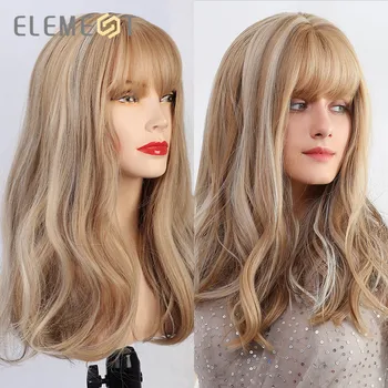

Element Long Natural Wave Hair Synthetic Blonde Mix Grey Wigs with Air Bangs for White/Black Women Cosplay Party