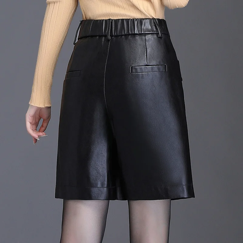 Lxmth женские осенние шорты из искусственной кожи черные шорты с высокой талией и карманами Прямые повседневные шорты размера плюс женские шорты из искусственной кожи 4XL