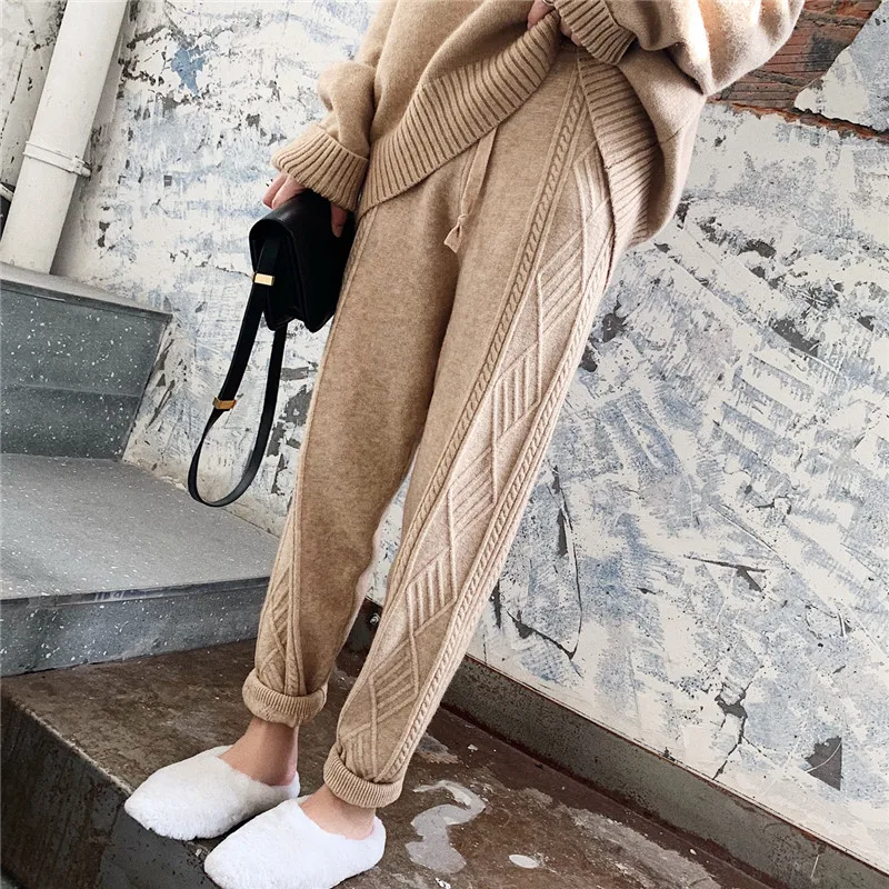 capri pants JXMYY Winter Thicken Women Harem Pants Casual Drawstring Twisted Knitted Pants Femme Chic Warm Female Sweater Trousers 2022 cargo pants