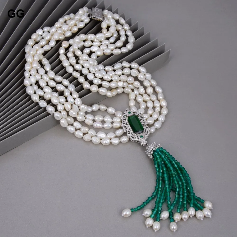 

GuaiGuai Jewelry 20" 5Strands White Baroque Pearl Green Agates Gems Stone Necklace CZ Pendant For Women