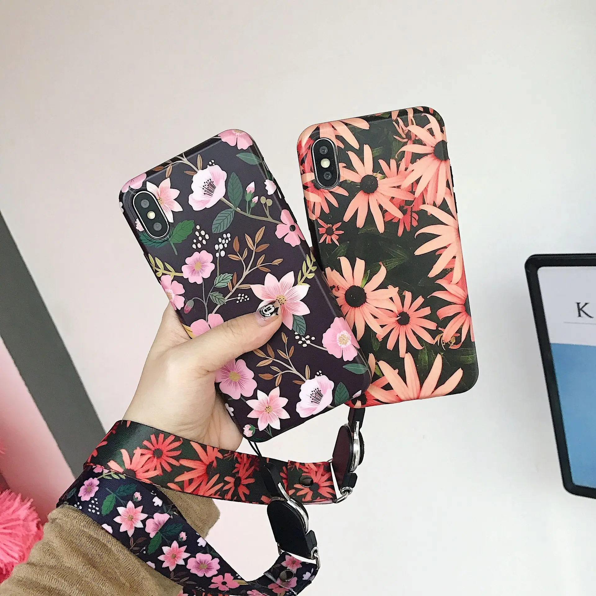 

PGSD Fashion retro flower cactus pattern Lanyard Mobile phone shell for iphoneXS MAX XR apple7/8Plus 6S Soft IMD case back cover