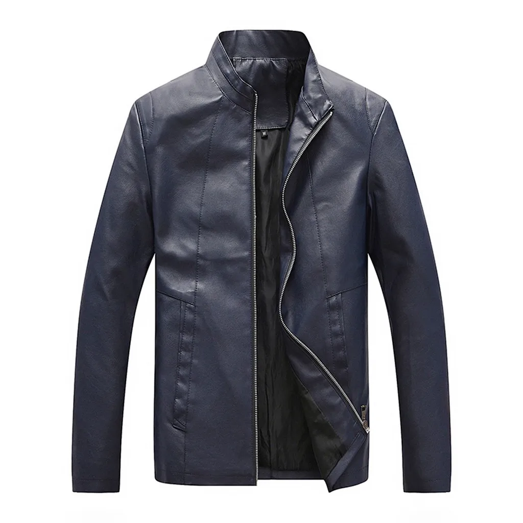 Синий Мотоциклетная кожаная куртка Мужские кожаные куртки jaqueta couro masculina мужские кожаные пальто осень черный коричневый стенд байкер - Цвет: Синий