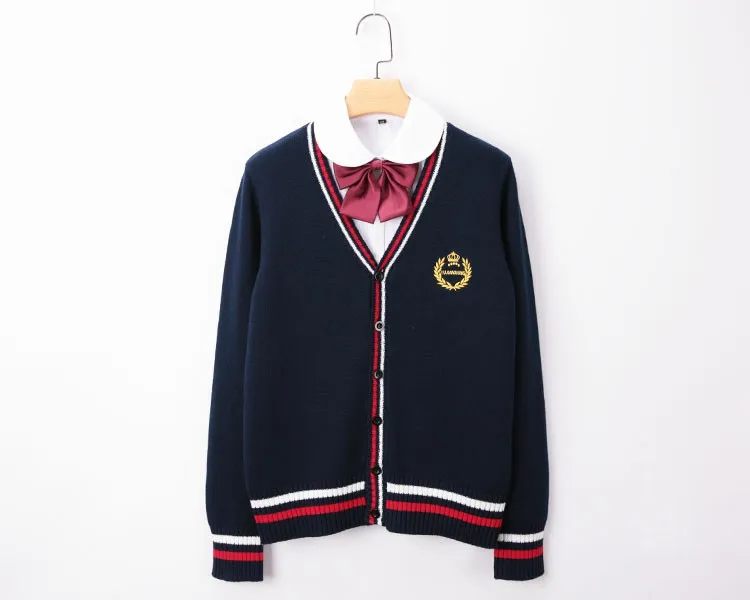 navy blue set Японский стиль школьная форма для студентов девушка женский свитер длинный рукав JK школьная форма s кардиганы корона вышивка свитер CH - Цвет: navy blue set