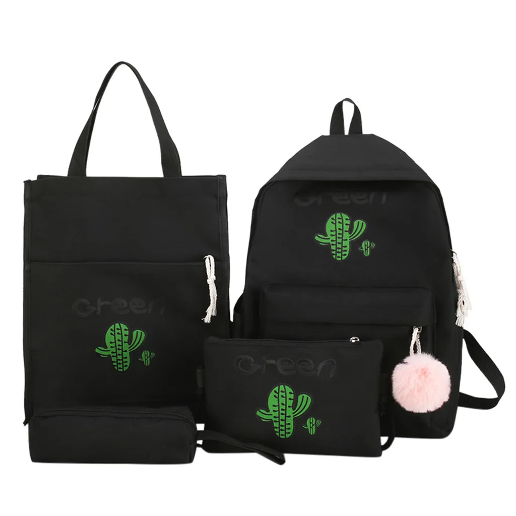 4 шт., Холщовый школьный рюкзак для девочек-подростков, сумка на плечо с принтом кактуса+ женский рюкзак+ пенал+ кошелек, дорожная сумка-портфель#4