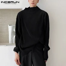 

New Men Stylish Pleated Camiseta Solid Color Loose Comeforable Tees Male Long-sleeved Bottoming T-Shirts S-5XL INCERUN Tops 2021