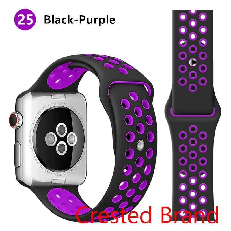 Ремешок для Apple watch 5 4 3 2 1 44 мм/40 мм iWatch 42 мм/38 мм дышащий спортивный силиконовый браслет для часов - Цвет ремешка: black purple 25