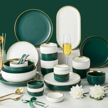 

Green White Ceramic Gold Inlay Plate Steak Food Plate Nordic Style Tableware Bowl Ins Dinner Dish High End Porcelain Dinnerware