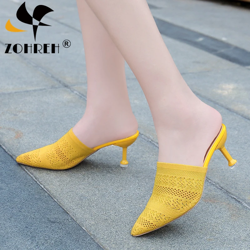 

2019 Pointed Toes Woven Knit Fashion Women Half Med Heels Stilettos Mules Loafer Casual Feminine Slippers Slides Sandalias Shoes