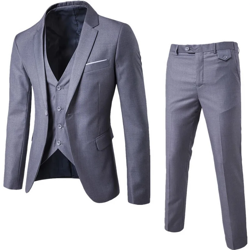 Классический мужской деловой костюм, комплекты из 3 предметов: пиджак+ жилет+ брюки, деловые костюмы, одноцветные приталенные деловые комплекты для свадебной вечеринки - Цвет: grey