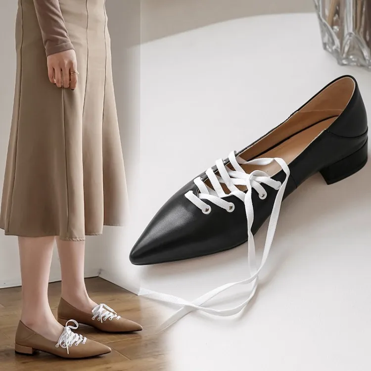 

Western Style Leather Shoes Women's 2020 Spring New Style Versatile Fashion Lace-up Pointed-Toe WOMEN'S Flat Shoes Shoes for Fou