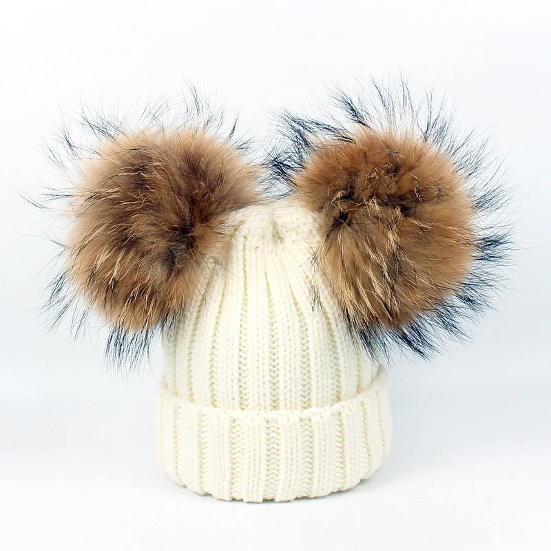 2021 New double natural Pom Poms hat Girls Boys Winter Warm Fur Pompom Ball Knitted Beanies Hat Skullies Beanies Cotton Bonnet 
