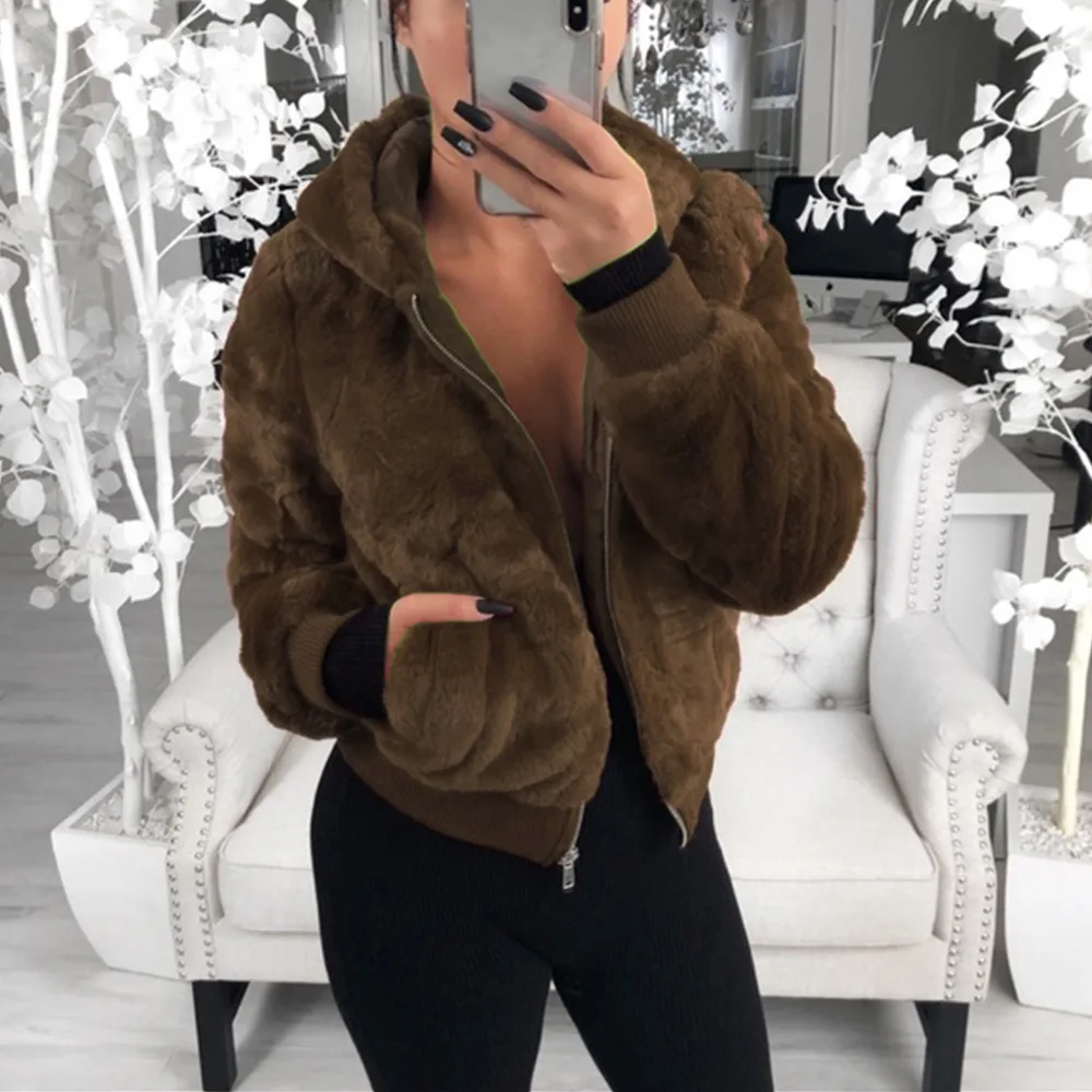 Brown Aimsnug/Большие размеры, S-3XL на молнии с кроличьим мехом, осенне-зимнее женское пальто, однотонное бордовое худи с воротником, Женская куртка - Цвет: Brown