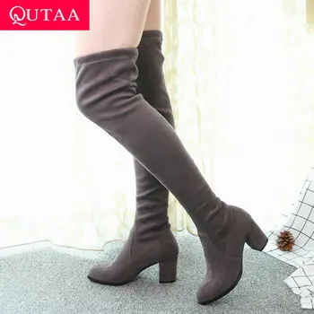 

QUTAA 2020 Platform Winter Stretch Fabrics Women Shoes Square High Heel Warm Fur All Match Over The Knee High Boots Size 34-43