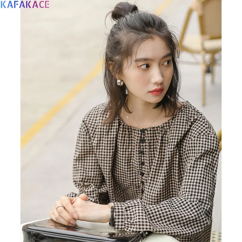 KAFAKACE 2020 Women T-Shirt Linen Blouse Plaid Print Vintage Summer O-Neck Black Loose Casual Shirts Spring Style | Женская одежда