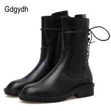 Gdgydh/женские ботинки на среднем каблуке; мотоциклетные ботинки на резиновой подошве высокого качества со шнуровкой; кожаная обувь; коллекция года; сезон весна-осень; женская обувь до середины икры