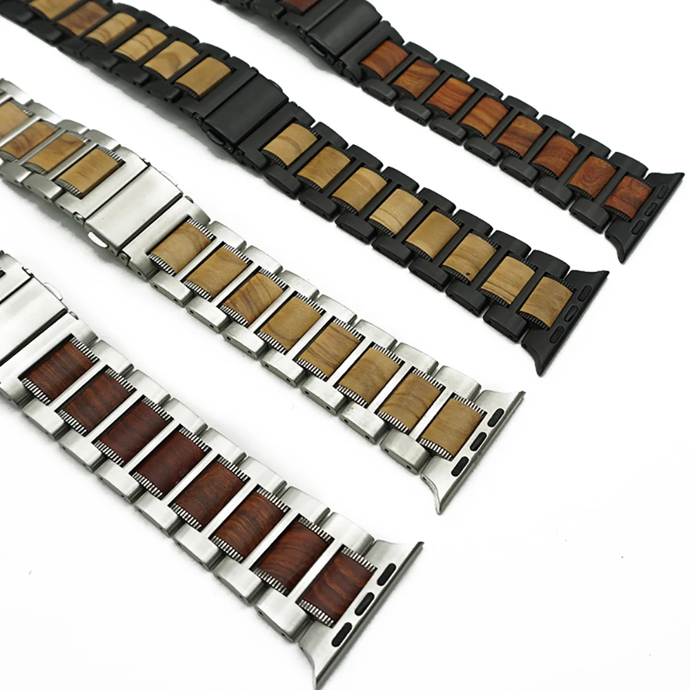 Ремешок из дерева и нержавеющей стали для iWatch Apple Watch Series SE 6 5 4 3 2 1 44 мм 42 40 38 ремешок