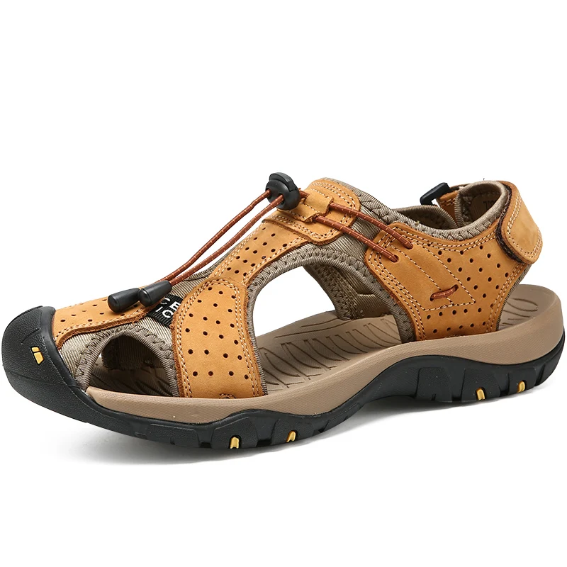 Popular Men Beach Sandals Outdoor Summer Men Shoes Sandals Genuine Leather Casual Breathable Sandal Plus Size 47 48 - Цвет: Gold Yellow