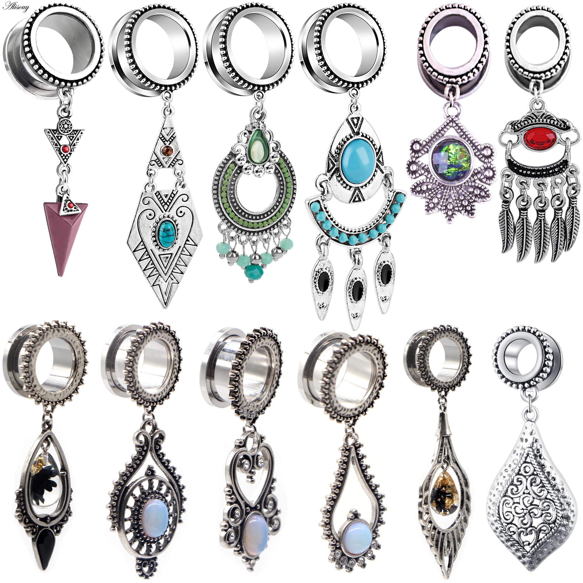 Alisouy 2pc Ear Tunnels And Plugs Flesh 630mm Stainless Steel Dangle