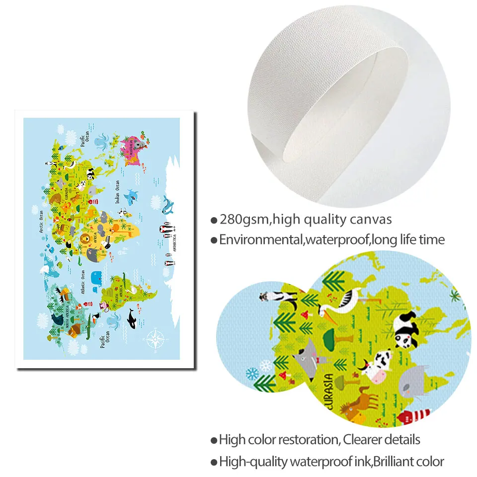 Карта мира животные постер Холст Картина Скандинавская Цитата скандинавские