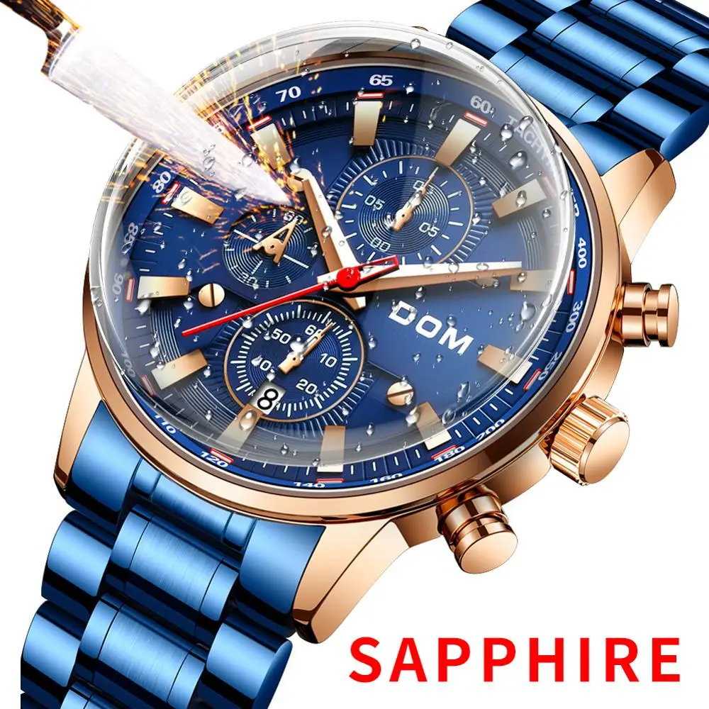DOM Sapphire Sport Watches for Men Top Brand Luxury Military Stainless Steel Wrist Wrist