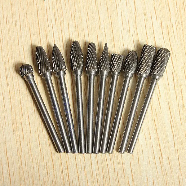 10 Pcs/set 6mm Woodworking Steel Rotary Tungsten Carbide Double Cut Point Burr 1/8