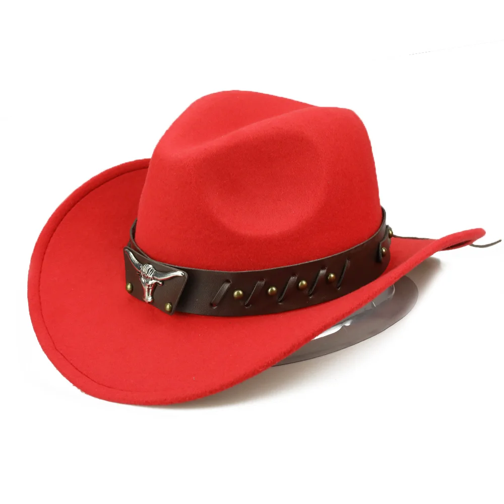 YY из искусственной кожи ремень бык ковбой кепки хлопок теплый Trilby Fedora для мужчин женщин с широкими полями Джаз Шляпа Chapeu de Vaqueiro FD19060 - Цвет: Red Bull Hat