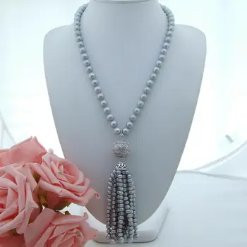 

22'' 9-10MM Grey Round freshwater Pearl Necklace Zircon Pendant