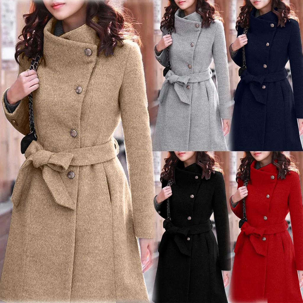 Осенне-зимние шерстяные женские куртки и пальто средней длины с поясом и пуговицами Одноцветный мешок-парка с отложным воротником