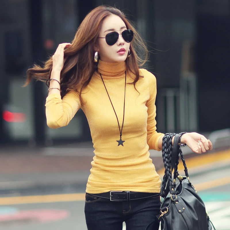 Yellow turtleneck Женская футболка из плотного флиса, блестящие сетчатые топы, круглый вырез, длинный рукав, хлопок размера плюс S-3XL, зимняя футболка, T90391 - Цвет: Yellow turtleneck
