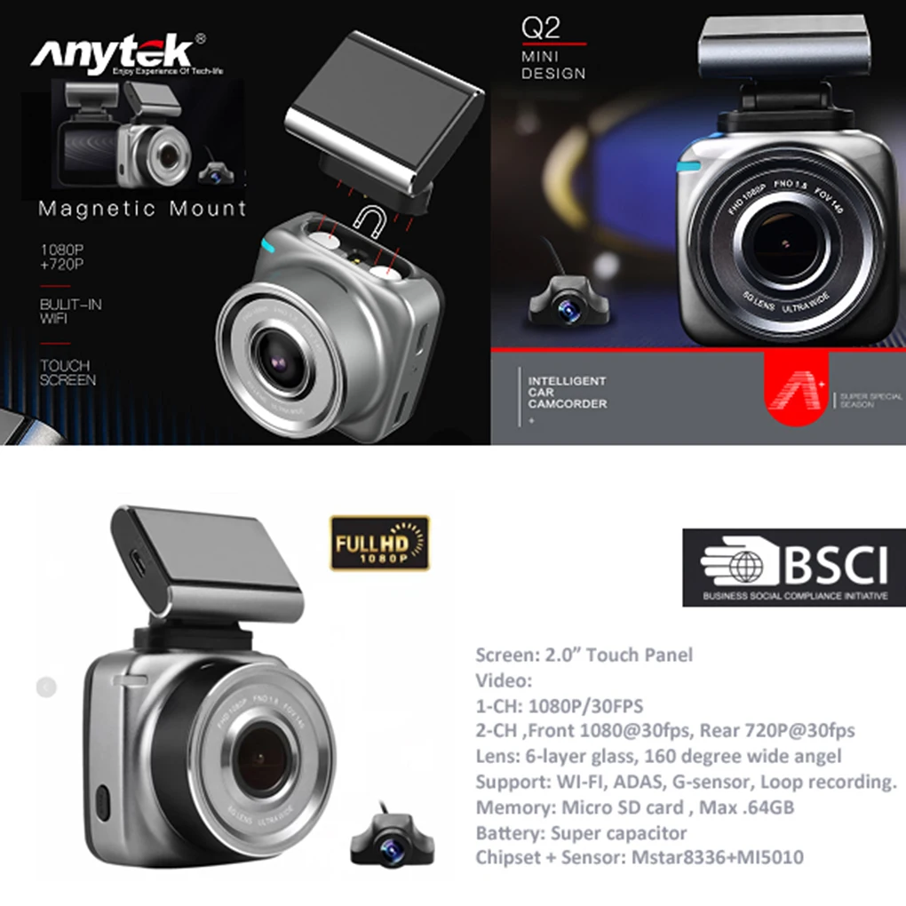 Anytek 2.0 Inches Touch Screen Car Driving Camera Front Rear Recorder 1080P Motion Detection DVR