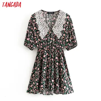 

Tangada fashion women flowers print mini dress lace patchwork collar short sleeve ladies vintage short dress vestidos 3H414