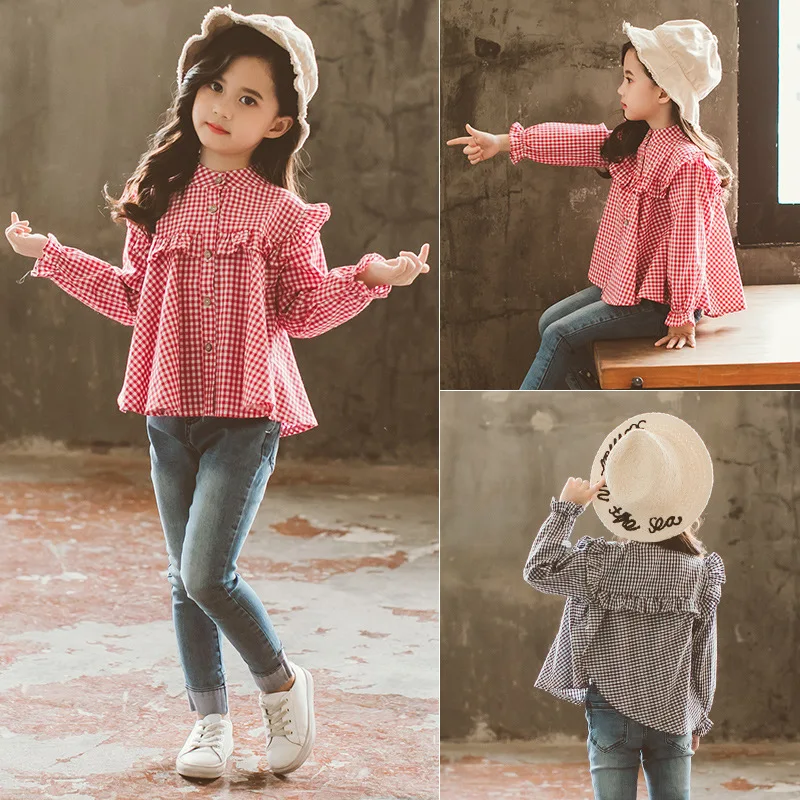 New Korean Children Shirt Girls Spring Clothing Shirt Children Plaid GIRL'S Shirt Childrenswear