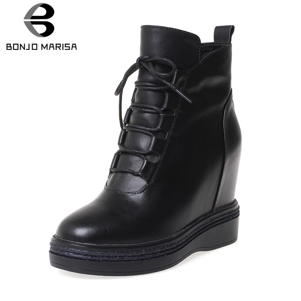 

BONJOMARISA 32-40 Elegant Height Increasing Booties Ladies Black Genuine Leather Ankle Boots Women 2019 Platform Shoes Woman