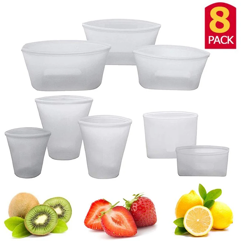 Gray 8pcs 8Pcs Silicone Food Storage Bag Fresh Bowl Fridge Organizer Reusable Stand Up Zips Shut Bag Fruit Vegetable Cup Bag With Seal - Цвет: Gray 8pcs