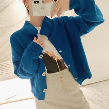 

Women Sweater 2020 Spring New Blue Hand Stitched Retro Lapel Knitted Cardigan