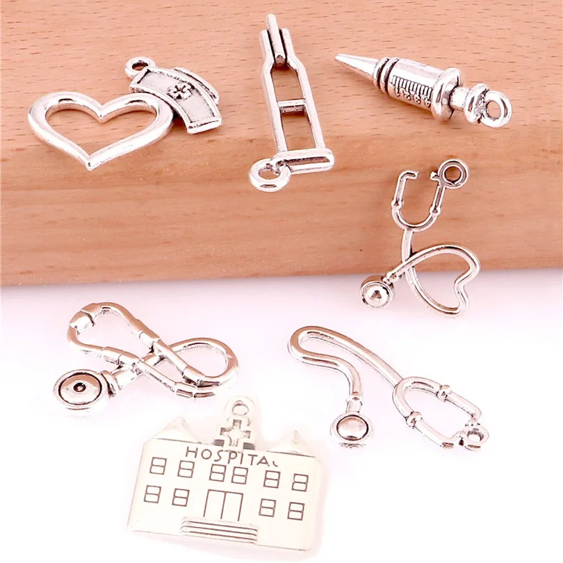 Смешанные Подвески в больнице Cap крест стетоскоп шприц Античная Подвеска