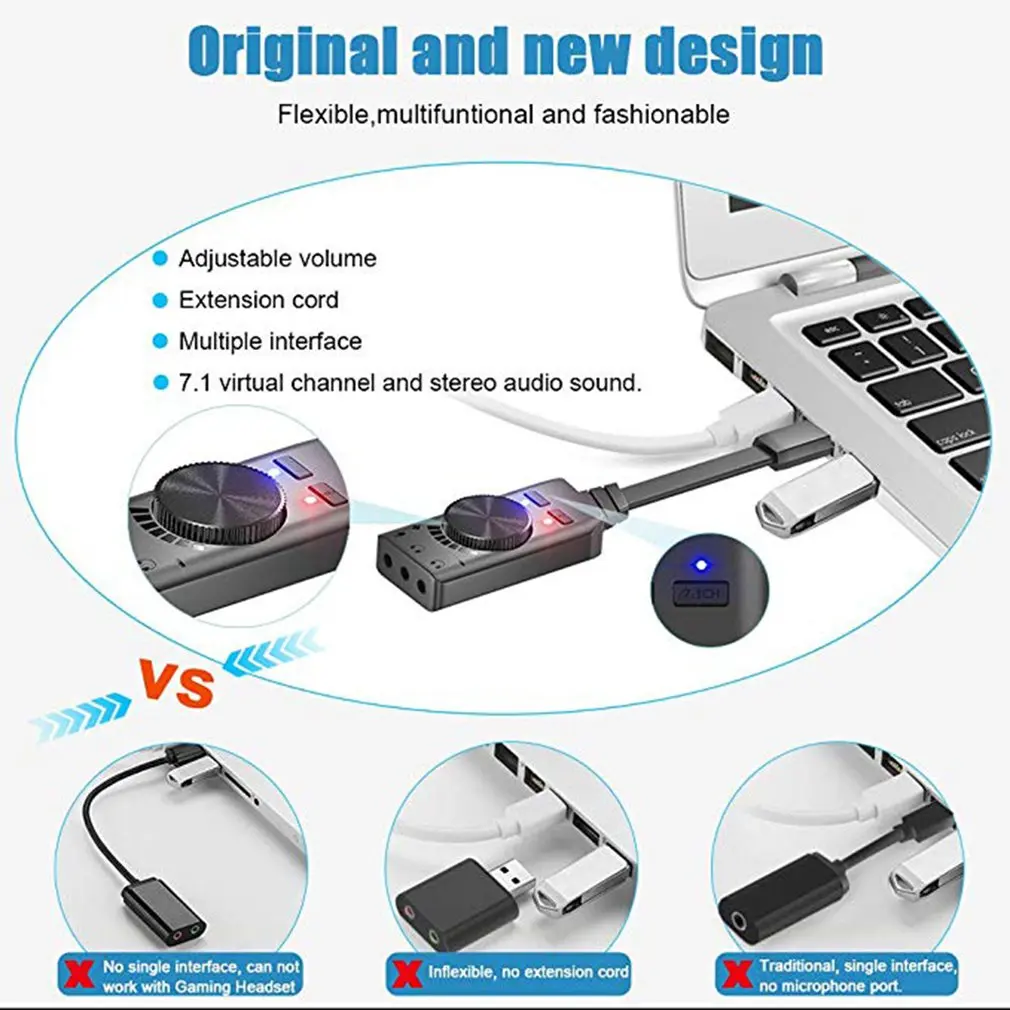 USB Virtual 7.1 Channel Sound Card External Audio Adapter Stereo Sound Card Converter With 3.5mm Aux For Gaming Headset