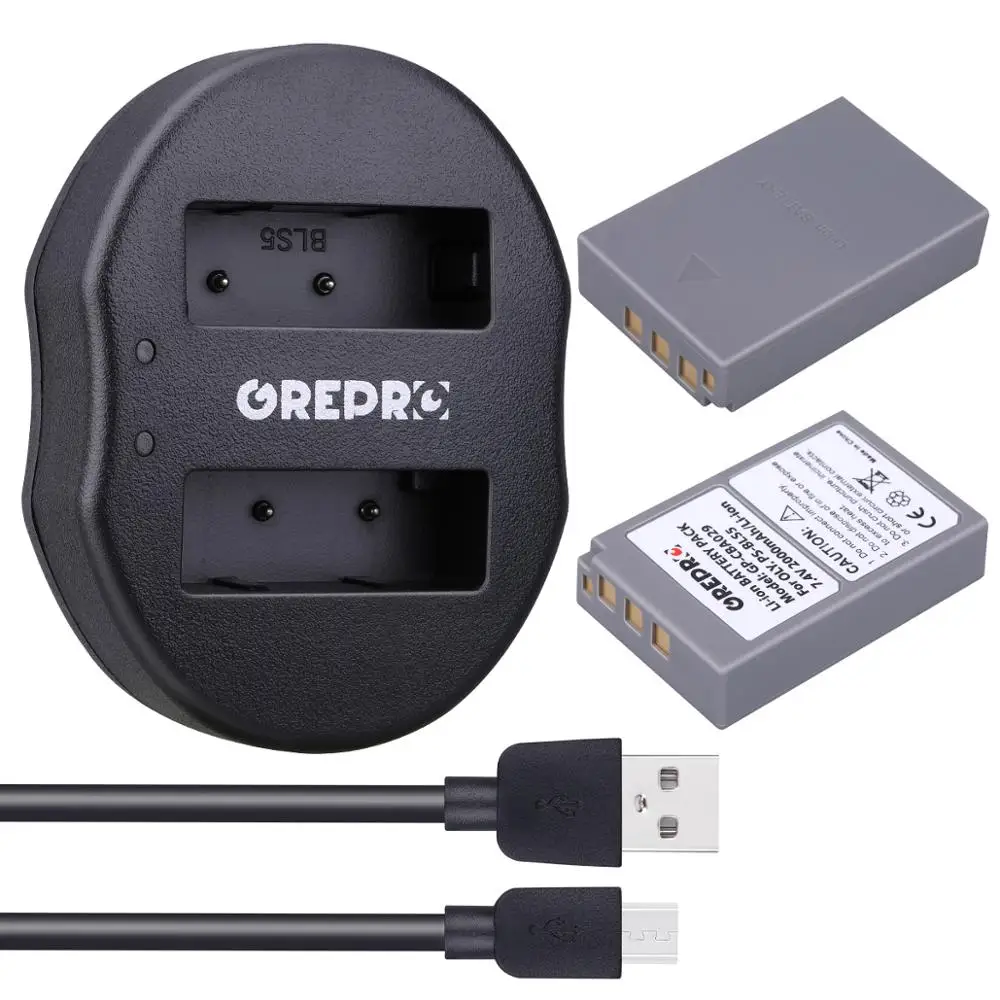 GREPRO 2000mAh PS-BLS5 BLS-5 BLS5 BLS50 батарея+ двойной USB зарядное устройство для Olympus PEN E-PL2, E-PL5, E-PL6, E-PL7, E-PM2, OM-D, E-M10, E-M10 - Цвет: 2B with charger