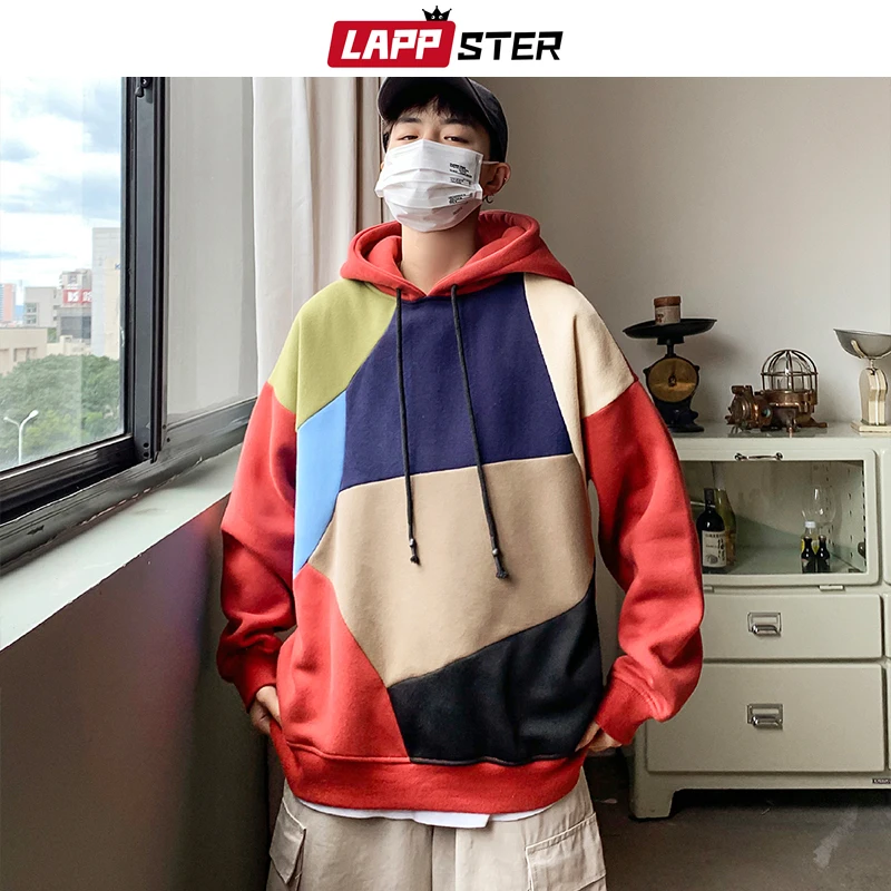 LAPPSTER Men Fleece Patchwork Hooded Hoodies Mens Japanese Streetwear Sweatshirts Korean Harajuku Winter Hip Hop Clothing