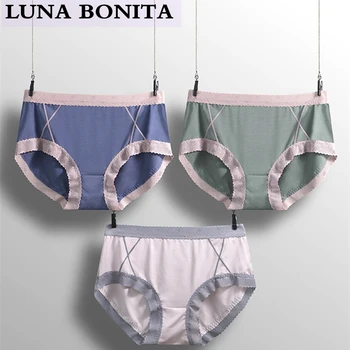 

3pcs/lot Underwear Women Mid Waist Panties Sexy Lace Side Lingerie Ladies Breathable Summer Thin Modal Briefs Set Large Size