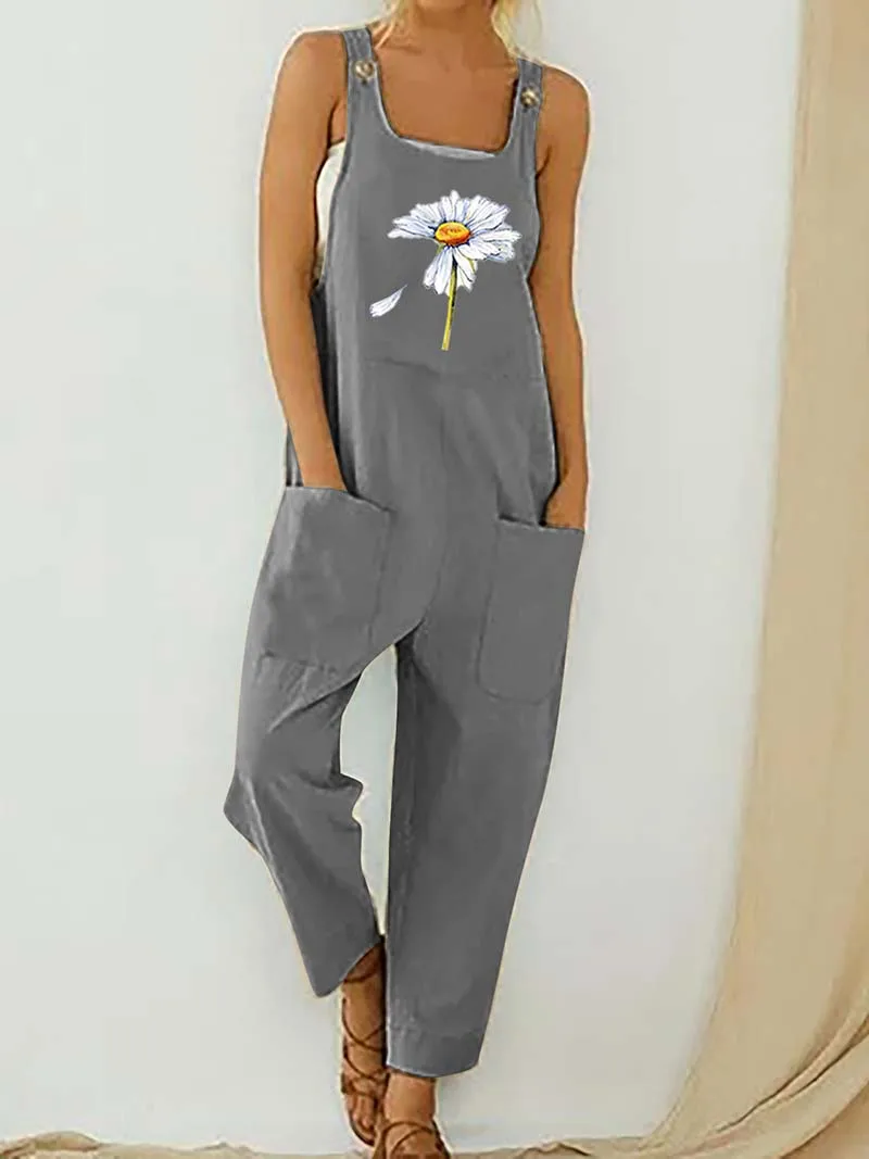 Womens Dungarees Print Rompers 2021 Summer New Ladies Casual Loose Linen Cotton Jumpsuit Sleeveless Pocket Overalls Playsuit