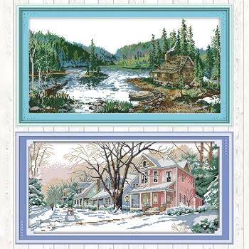 

Joy Sunday Chinese Cross Stitch Embroidery Kit Winter Street Patterns Counted Fabric 14ct 11ct Printed Canvas for Needlework Kit