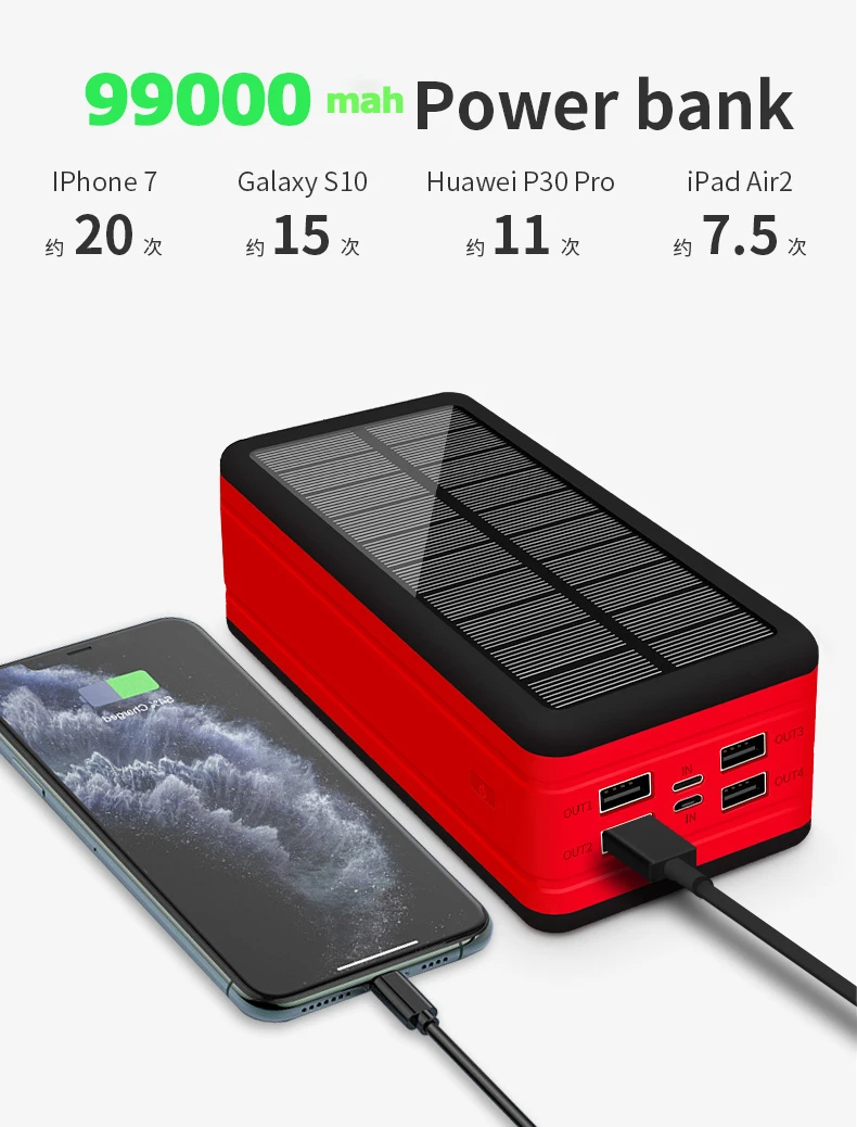 99000mAh Wireless Solar Power Bank Portable Charger Large Capacity 4USB LEDLight Outdoor Fast Charging PowerBank Xiaomi Iphone wireless charging power bank