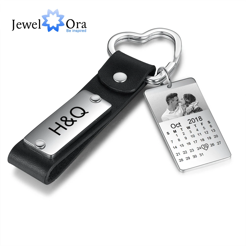 

JewelOra Personalized Photo Calendar Keychains for Men Custom Stainless Steel Engrave Date Keyring Gift for Boyfriend/ Father